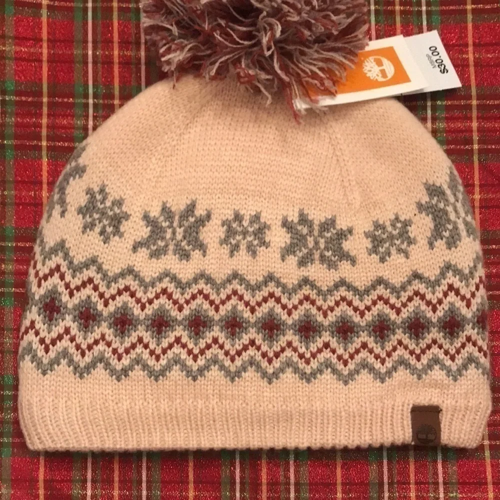 Brand New Timberland Pink Fair Isle Fleece-Lined Pom Beanie Hat
